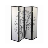 Benjara BM96095 Wood and Paper 4 Panel Room Divider with Bamboo Print, White and Black