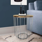 Benjara I305-HGM023 Round Wooden Top Accent Side End Table with Wire Metal Base, Light Brown and Chrome