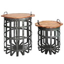 Benjara I551-FDS003 Industrial Grid Galvanized Accent End Table with Round Lid and Handles, Set of 2, Gray and Brown