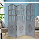 The Urban Port UPT-164564 Three Panel Wooden Room Divider with Traditional Carvings and Cutouts, Blue