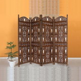 The Urban Port UPT-176787 Handcrafted Wooden 4 Panel Room Divider Screen With Tiny Bells - Reversible
