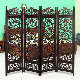 The Urban Port UPT-176789 Handcrafted Wooden 4 Panel Room Divider Screen Featuring Lotus Pattern-Reversible
