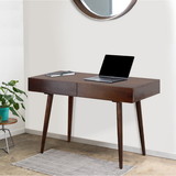 The Urban Port UPT-186126 Mango Wood Writing Desk with Two Drawers and Tapered Legs, Brown
