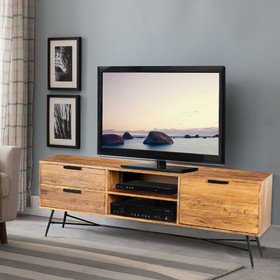 The Urban Port UPT-195125 Roomy Wooden Media Console with Slanted Metal Base, Brown and Black
