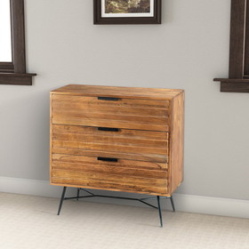 The Urban Port UPT-195127 3 Drawer Wooden Chest with Slanted Metal Base, Brown and Black