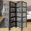The Urban Port UPT-195270 Four Panel Mango Wood Room Divider with Traditional Carvings, Black and White