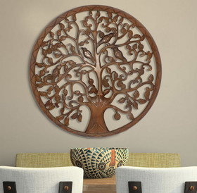 The Urban Port UPT-195272 Circular Mango Wood Wall Panel with Cutout Tree and Bird Carvings, Antique Brown