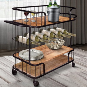 The Urban Port UPT-197314 Metal Frame Bar Cart with Wooden Top and 2 Shelves, Black and Brown