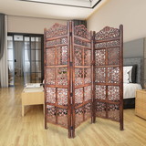 The Urban Port UPT-200177 3 Panel Mango Wood Screen with Intricate Cutout Carvings, Brown