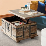 The Urban Port UPT-204782 Farmhouse Mango Wood Lift Top Storage Coffee Table with Metal Inlays, Brown and Black