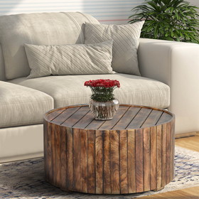 The Urban Port UPT-204785 34 Inch Handmade Wooden Round Coffee Table with Plank Design, Burned Brown