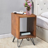 The Urban Port UPT-204787 22 Inch Textured Cube Shape Wooden Nightstand with Angular Legs, Brown and Black