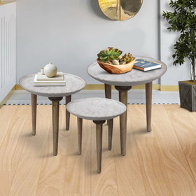 The Urban Port UPT-209570 Mango Wood Bowl Top Side End Coffee Table with Angled Tripod Base, Set of 3, White and Brown