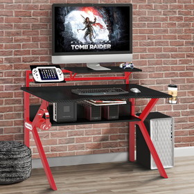 The Urban Port UPT-215118 54 Inch Rectangular Gaming Desk with 2 Shelves and K Shape Leg Support, Black and Red