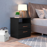 The Urban Port UPT-225274 Wooden End Side Table Nightstand with 2 Drawers and 1 Open Compartment, Black