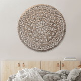 The Urban Port UPT-225286 30 Inch Round Wooden Carved Wall Art with Intricate Cutouts, Distressed White