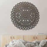 The Urban Port UPT-225288 36 Inch Handcarved Wooden Round Wall Art with Floral Carving, Distressed Brown