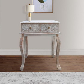 The Urban Port UPT-226283 2 Drawer Mango Wood Console Table with Floral Carved Front, Brown and White