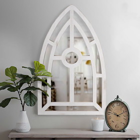 The Urban Port UPT-228706 Arched Window Pane Wooden Wall Mirror with Trimmed Details, Silver
