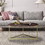 The Urban Port UPT-231750 Ellis 32 Inch Round Wood Coffee Table with Brass Metal Base, Brown, Matte Gold