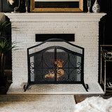 The Urban Port UPT-232048 43 Inches Grid Scalloped Metal Decorative Fireplace Screen with Doors & Scrollwork, Black