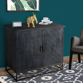 The Urban Port UPT-237993 33.5 Inches Plank Design 2 Door Mango Wood Storage Cabinet with Metal Base, Gray