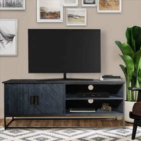 The Urban Port UPT-237994 53 Inches Plank Design 2 Door Mango Wood TV Media Cabinet with Metal Base, Gray