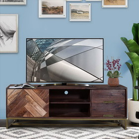 The Urban Port UPT-238002 63 Inches 2 Drawer Mango Wood TV media Cabinet with Herringbone Inlaid Door Storage, Brown