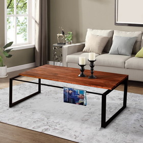 The Urban Port UPT-238064 41.7 Inch Rectangular Coffee Table with Plank Style Top, Metal Frame, Brown and Black