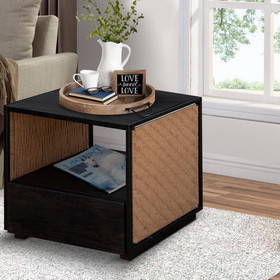 The Urban Port UPT-238069 21 Inch Wooden Bedside Table with Jute Woven Side Panels, Brown and Black