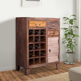 The Urban Port UPT-238087 35 Inch 3 Drawer Mango Wood 15 Bottle Wine Accent Cabinet with 1 Door Storage, Brown