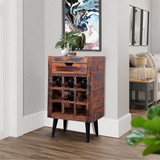 The Urban Port UPT-238092 9 Bottle Storage Wine Rack Cabinet with 1 Drawer and Angled Metal Legs, Brown