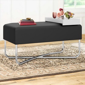 The Urban Port UPT-238279 Pouffe with Rectangular Fabric Seat and Inbuilt Wooden Tray, Black and White