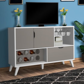 The Urban Port UPT-242348 54 Inch 2 Door Wooden TV Stand with Wine Rack and 1 Drawer, White and Gray