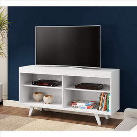 The Urban Port UPT-242349 58 Inch Wooden TV Stand with 4 Open Compartments and Angled Legs, White