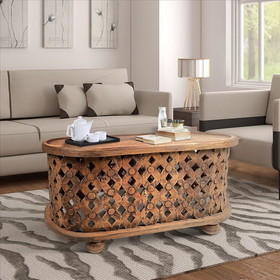 The Urban Port UPT-242449 36 Inch Oval Farmhouse Coffee Table with Intricate Cut Out Design, Antique Brown