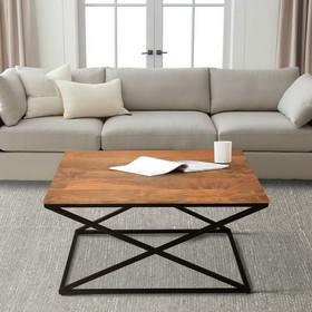 The Urban Port UPT-242948 35 Inch Wooden Rectangle Coffee Table with X Shape Metal Frame, Brown and Black