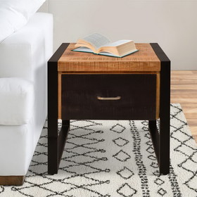 The Urban Port UPT-242953 24 Inch Single Drawer Wooden Side Table with Metal Frame, Brown and Black
