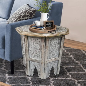 The Urban Port UPT-248136 Farmhouse Wooden Side Table with Engraved Design and Octagonal Top, Antique Brown