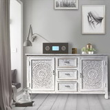 The Urban Port UPT-248142 Farmhouse Sideboard with 2 Doors and 3 Drawers, Antique White