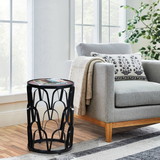 The Urban Port UPT-262397 23 Inch End Side Table, Round Mango Wood Top, Lattice Cut Out Iron Frame, Brown, Black