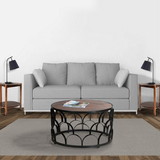 The Urban Port UPT-262398 32 Inch Round Coffee Table, Mango Wood Top, Lattice Cut Out Metal Frame, Brown, Black
