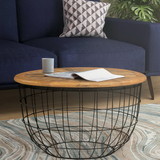 The Urban Port UPT-263265 Round Mango Wood Coffee Table with Wooden Top and Nesting Basket Frame, Brown and Black