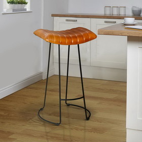 The Urban Port UPT-263270 Industrial Barstool with Curved Genuine Leather Seat and Tubular Frame, Tan Brown and Black