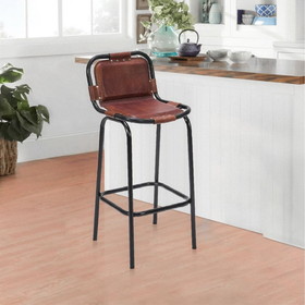 The Urban Port UPT-263783 31 Inch Bar Height Chair, Genuine Leather Upholstery, Metal Frame, Brown, Black