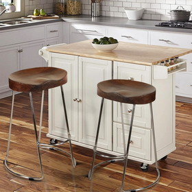 The Urban Port UPT-263791 Farmhouse Counter Height Barstool with Wooden Saddle Seat and Tubular Frame, Large, Brown and Silver