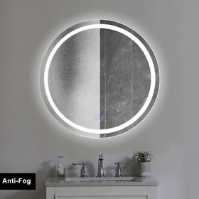 The Urban Port UPT-266401 32 x 32 Inch Round Frameless LED Illuminated Bathroom Mirror, Touch Button Defogger, Metal, Frosted Edges, Silver