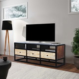 The Urban Port UPT-270554 Carson 3 Drawer TV Cabinet Console with Metal Frame and 3 Open Compartments, Brown and Black