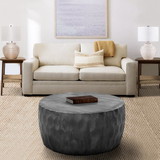 The Urban Port UPT-270557 33 Inch Wooden Round Drum Coffee Table with Geometric Carved Pattern, Gray