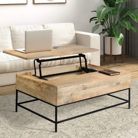 The Urban Port UPT-271299 Audrey 45 inch Lift Top Mango Wood Rectangular Coffee Table - Wood and Metal, Natural Brown and Black